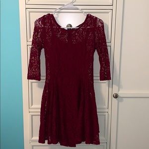 maroon lace zip-up long sleeve dress